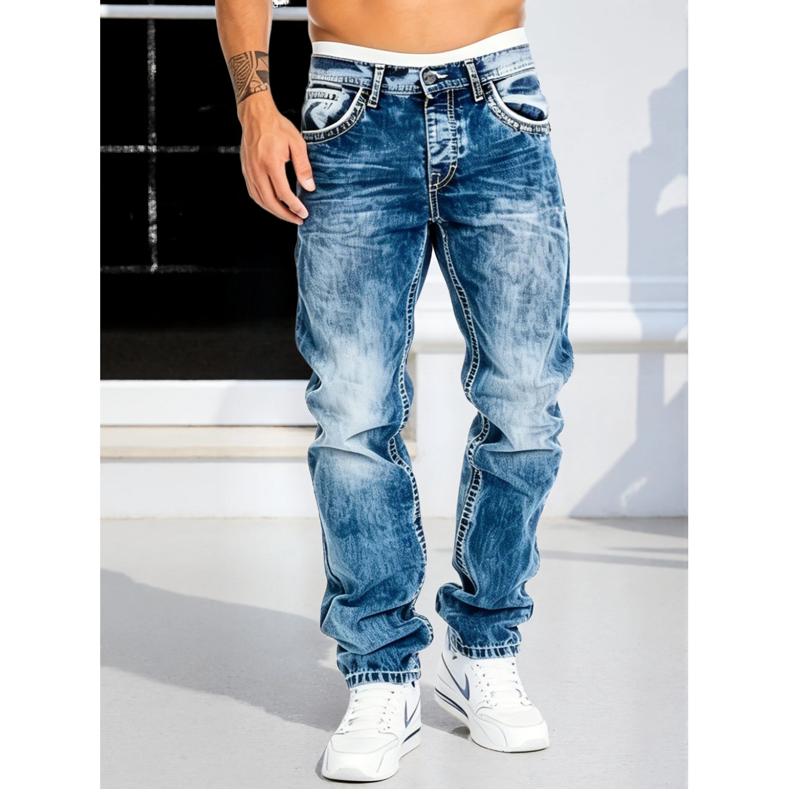 Men's Jeans Man Pants Classic Straight Cut Stretchl Denim Trousers Vintage Washed Solid Color for Street Style