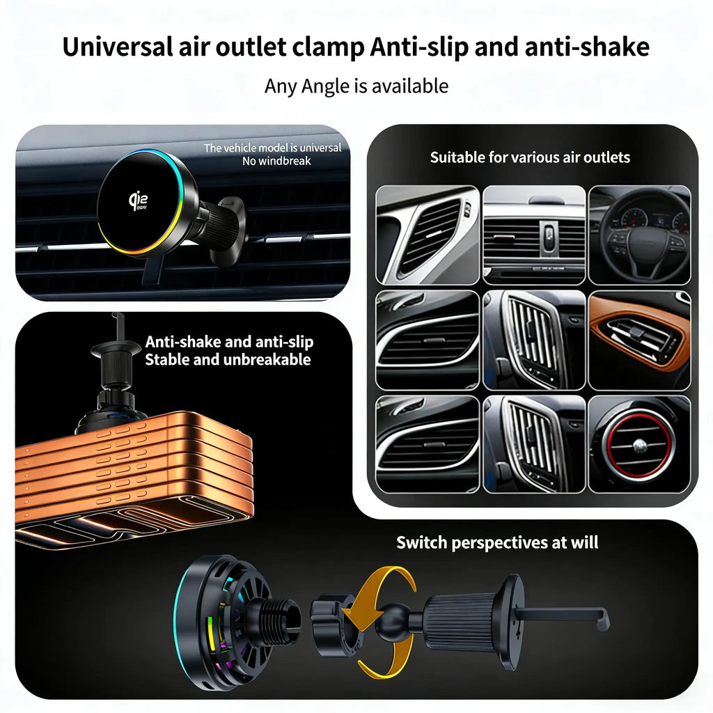 25W Qi2 Magnetic Car Phone Charger Holder with RGB Light Air Vent Mount with Fast Charging & Cooling for iPhone 17 Pro Max