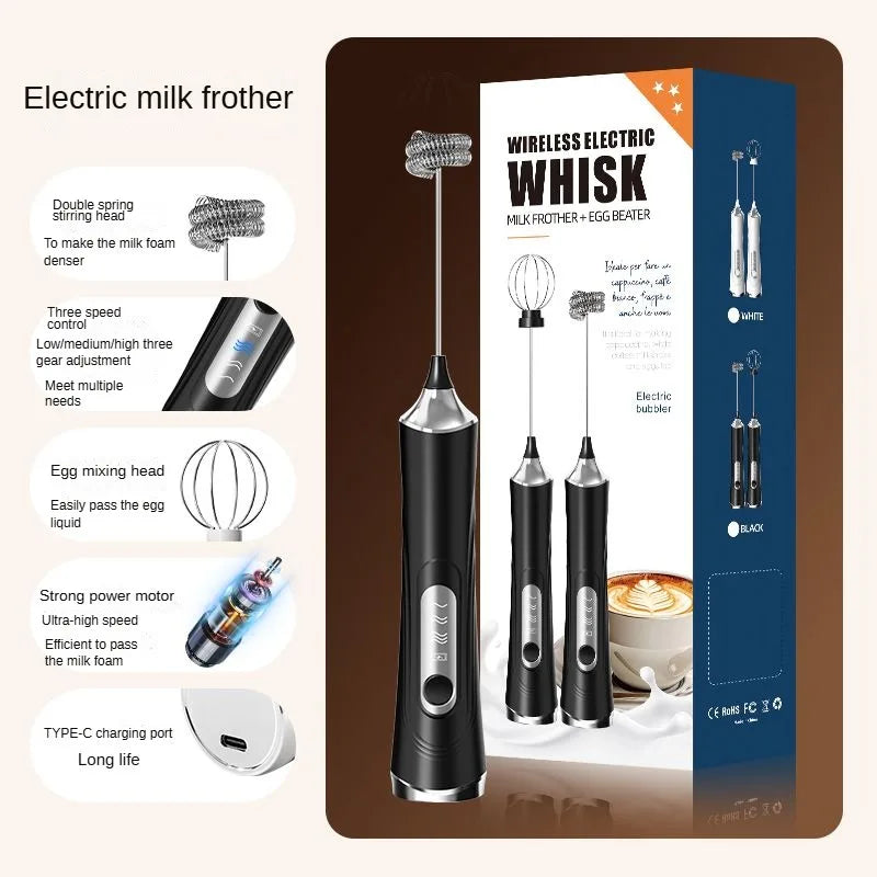 1 Electric Milk Frother, Dual Stick Rechargeable 3-Speed Handheld Egg Beater, Coffee Frother, Cream Blender, Travel Blender
