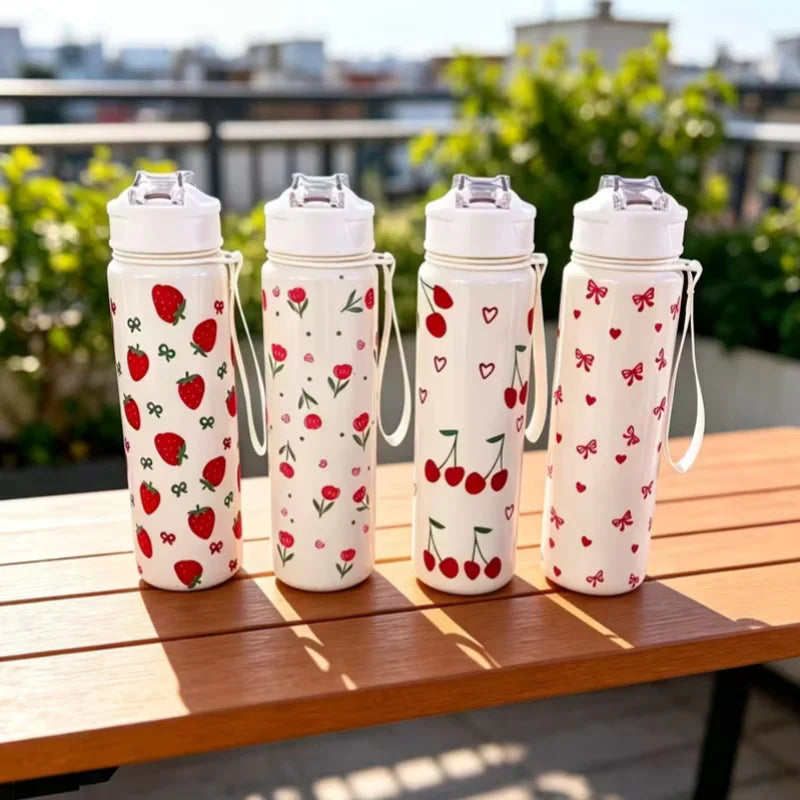 750ML Cute Strawberry Cherry Flower Bowknot Printed Tumbler with Pure White Base, High-Value Straw Cup for Sports