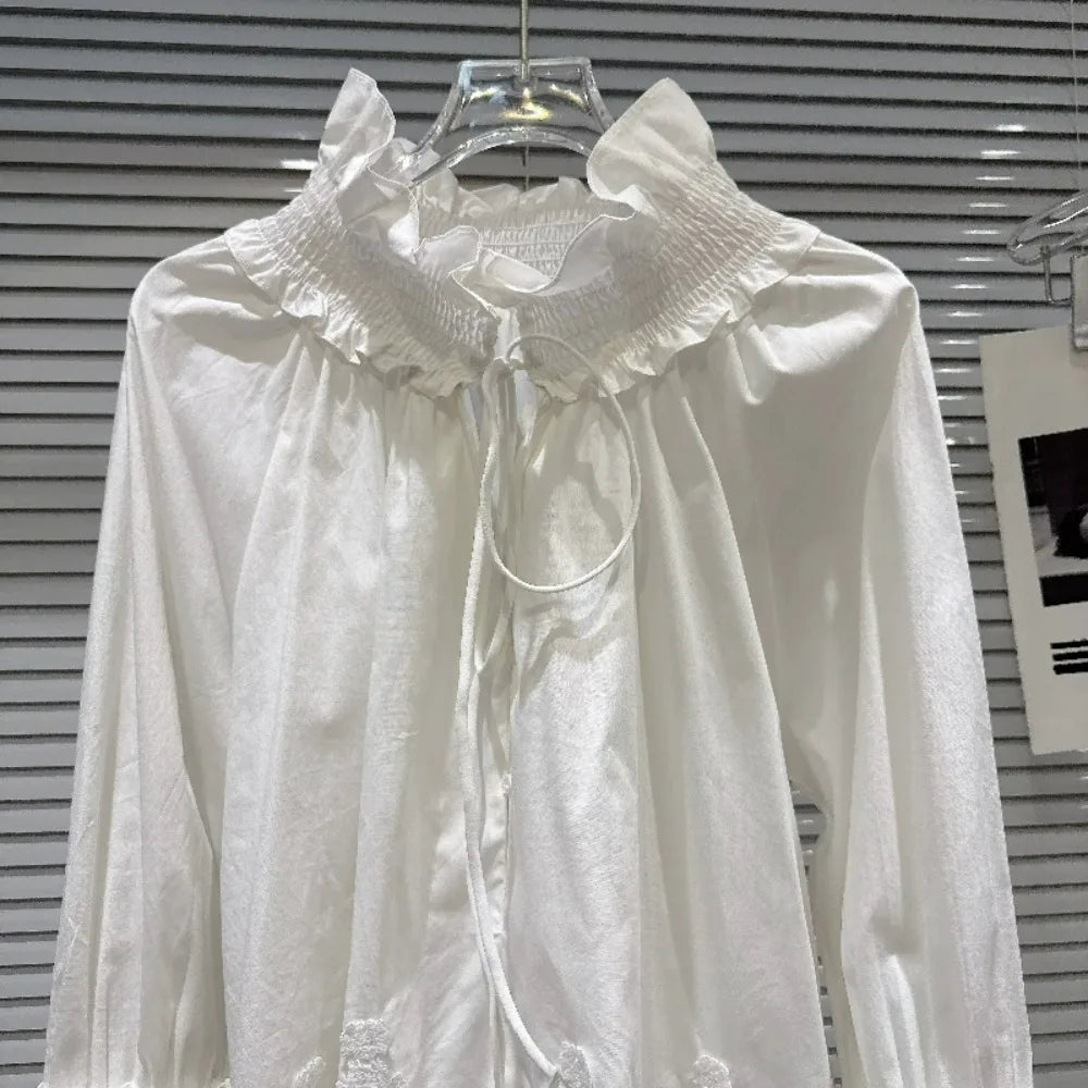 2026 Autumn New Women's Clothing French Design White Temperament Sweet Lace Strap Turtleneck Horn Sleeve Versatile Shirts Ladies