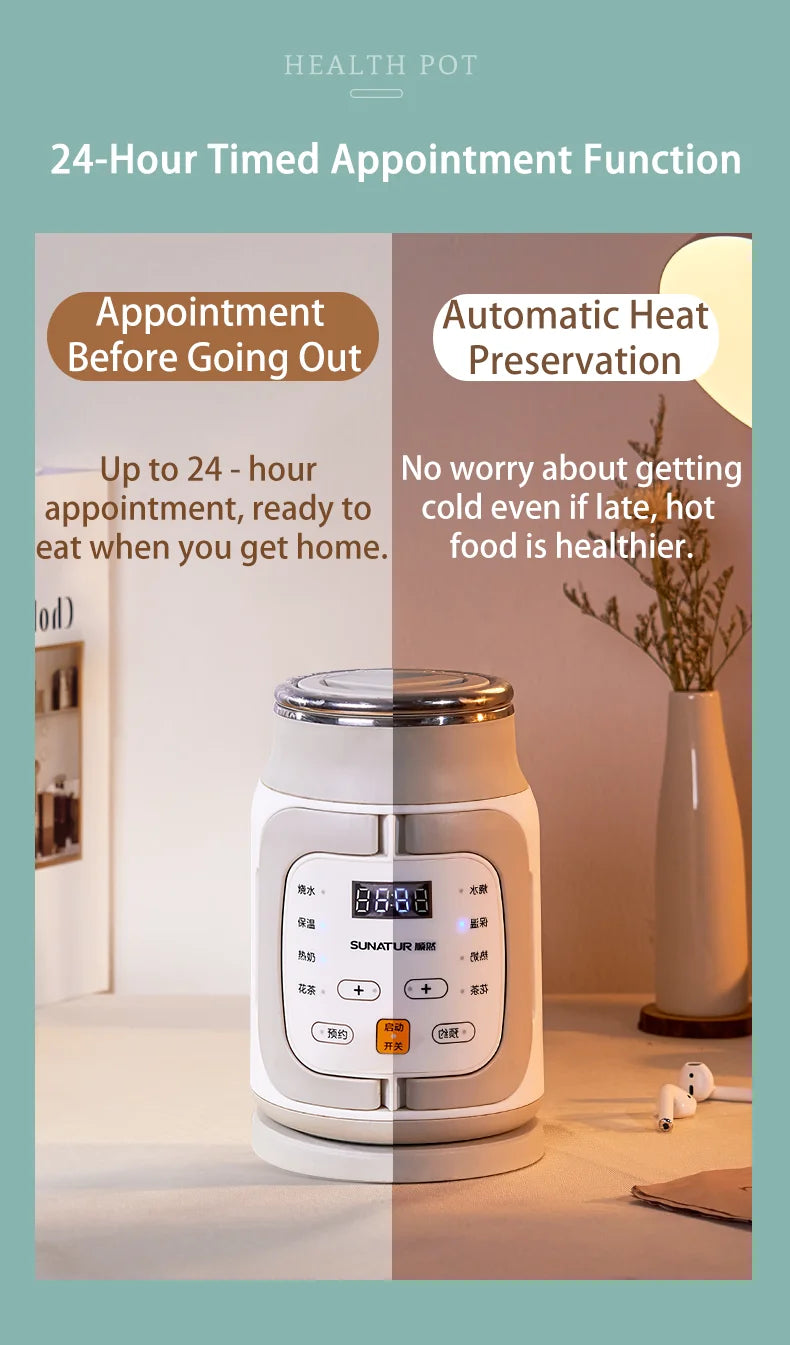 SUNATUR 600ml 700W Electric Cooker Multifunctional Rice Cooker Stew Pot Slow Cooker Mini Porridge Pot Portable Soup Pot