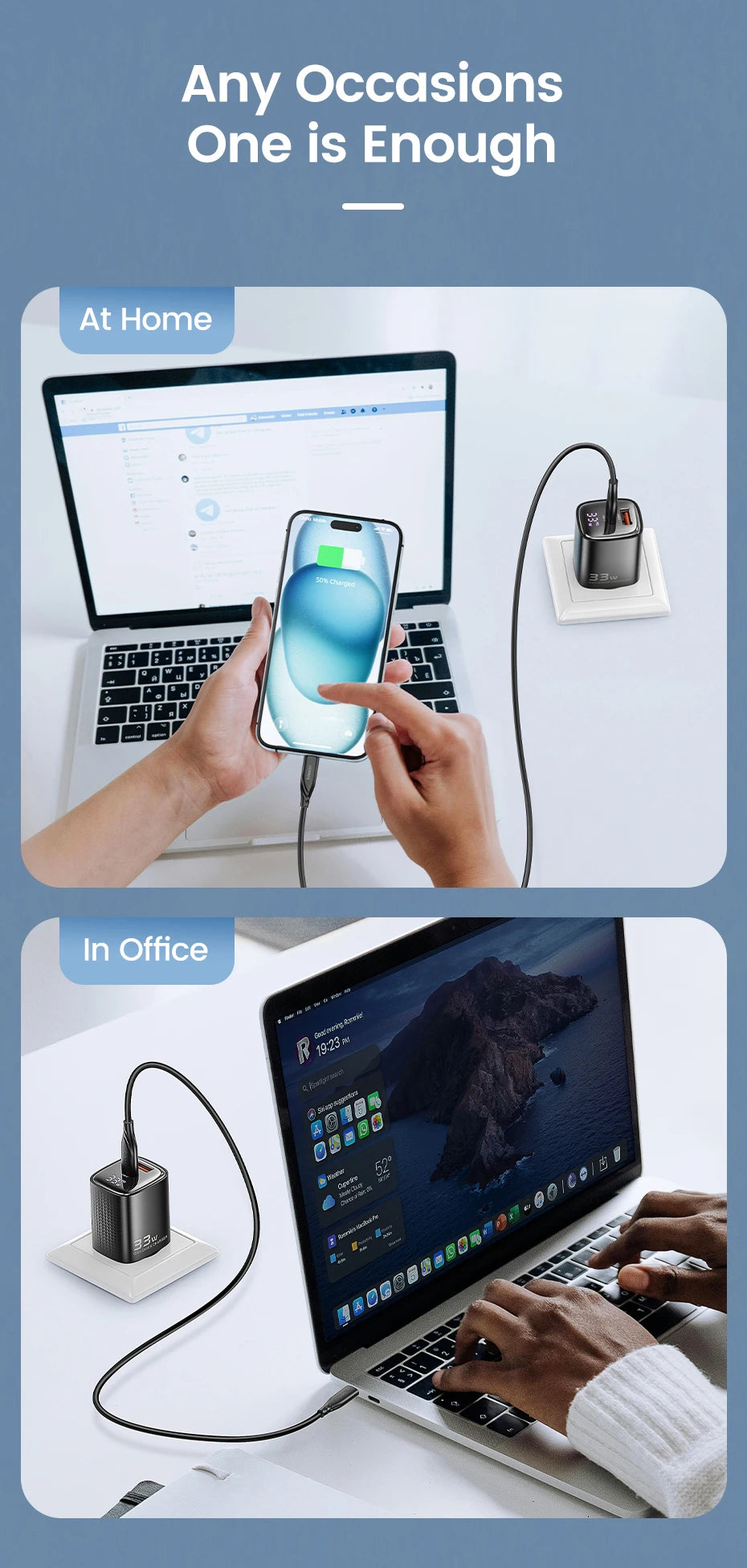 Toocki GaN USB Charger 33W Digital Display QC3.0 PD Fast Charger Type C for iPhone 15 14 13 Pro Max Smausng Xiaomi Honor POCO