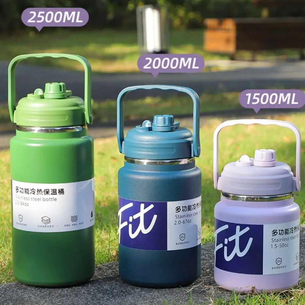 Stainless Steel Insulated Water Bottle 1.5/2/2.5L Large Capacity Sport Thermal Cup Fall-resistant with Straw Vacuum Flask