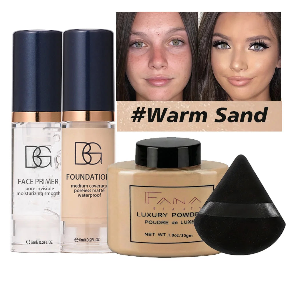 4-Pcs Set Face Makeup Bundle - Smoothing Primer, Matte Foundation, Setting Powder with Puff - Long-Lasting Waterproof Value Pack
