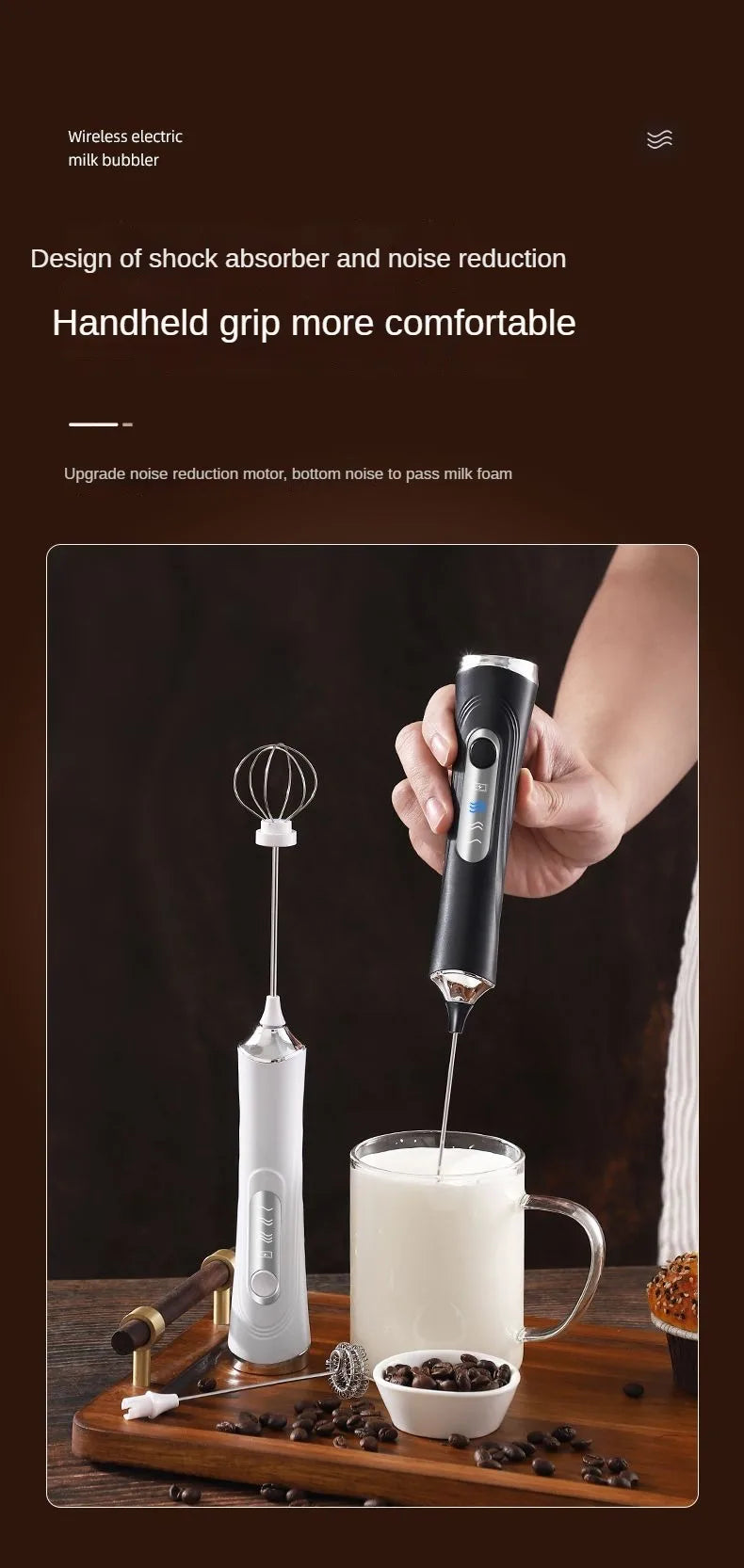 1 Electric Milk Frother, Dual Stick Rechargeable 3-Speed Handheld Egg Beater, Coffee Frother, Cream Blender, Travel Blender