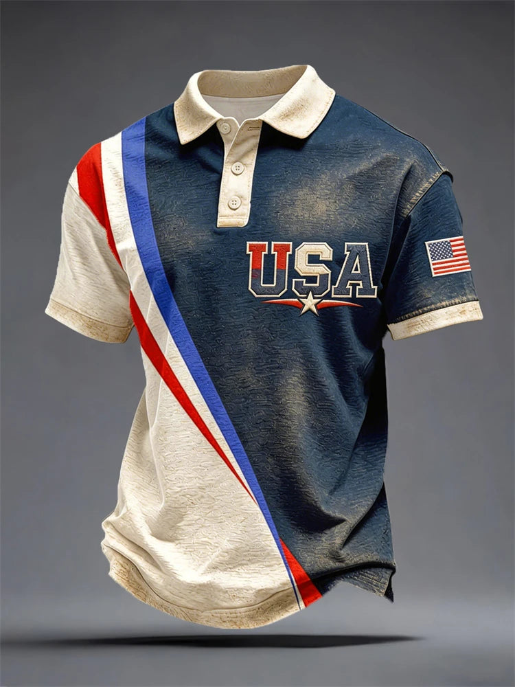 Anniversary-themed Short-Sleeve Shirt Men's Polo Shirt with National Flag Print Summer Outdoor Short-Sleeve Button-Down Shirt