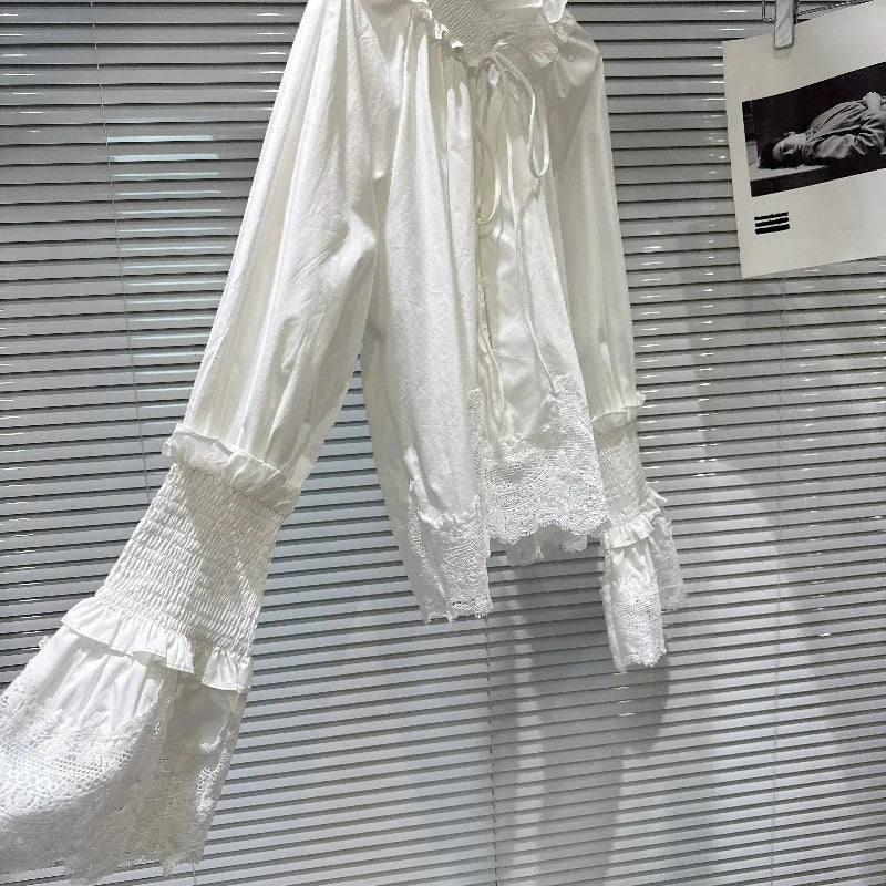 2026 Autumn New Women's Clothing French Design White Temperament Sweet Lace Strap Turtleneck Horn Sleeve Versatile Shirts Ladies