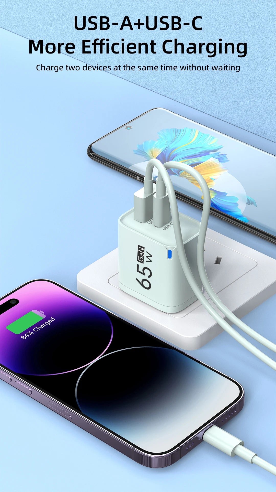 Cargador USB-C 65W Carga Rápida | Compatible iPhone, Samsung y Xiaomi
