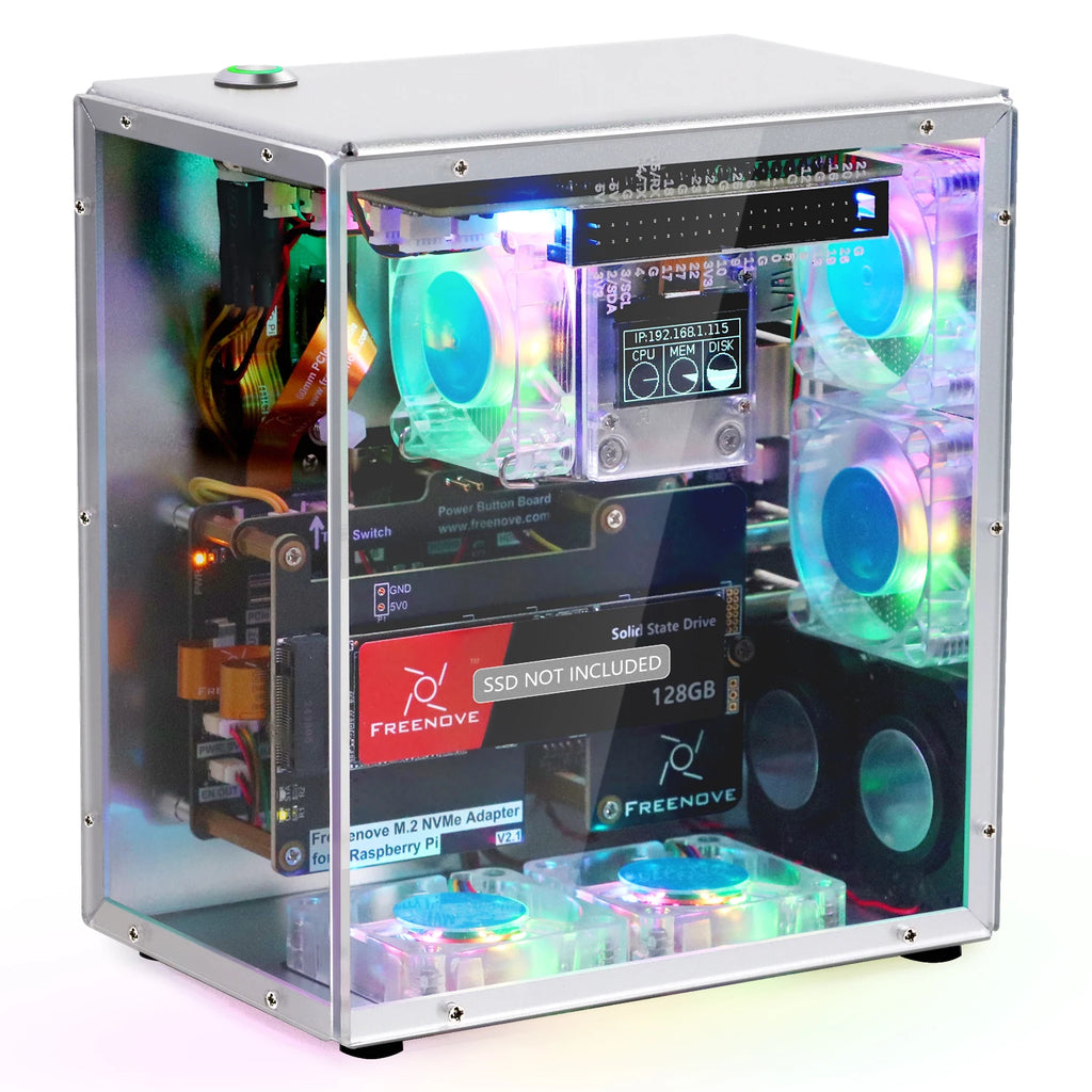 Freenove Raspberry Pi 5 Case Kit Pro, 1/2 M.2 NVMe SSD Slots, 5 PWM ARGB Fans, 0.96" OLED Screen, Stereo Speakers, 3.5 mm Audio