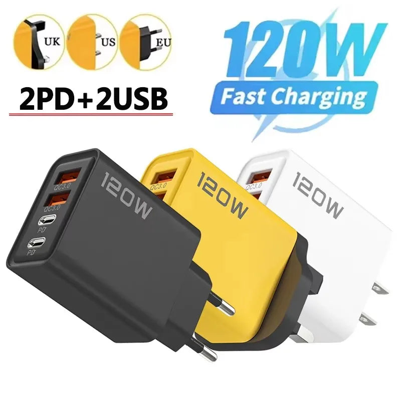Cargador 4 Puertos 120W USB-C | Carga Rápida QC3.0 - iPhone, Samsung y Xiaomi