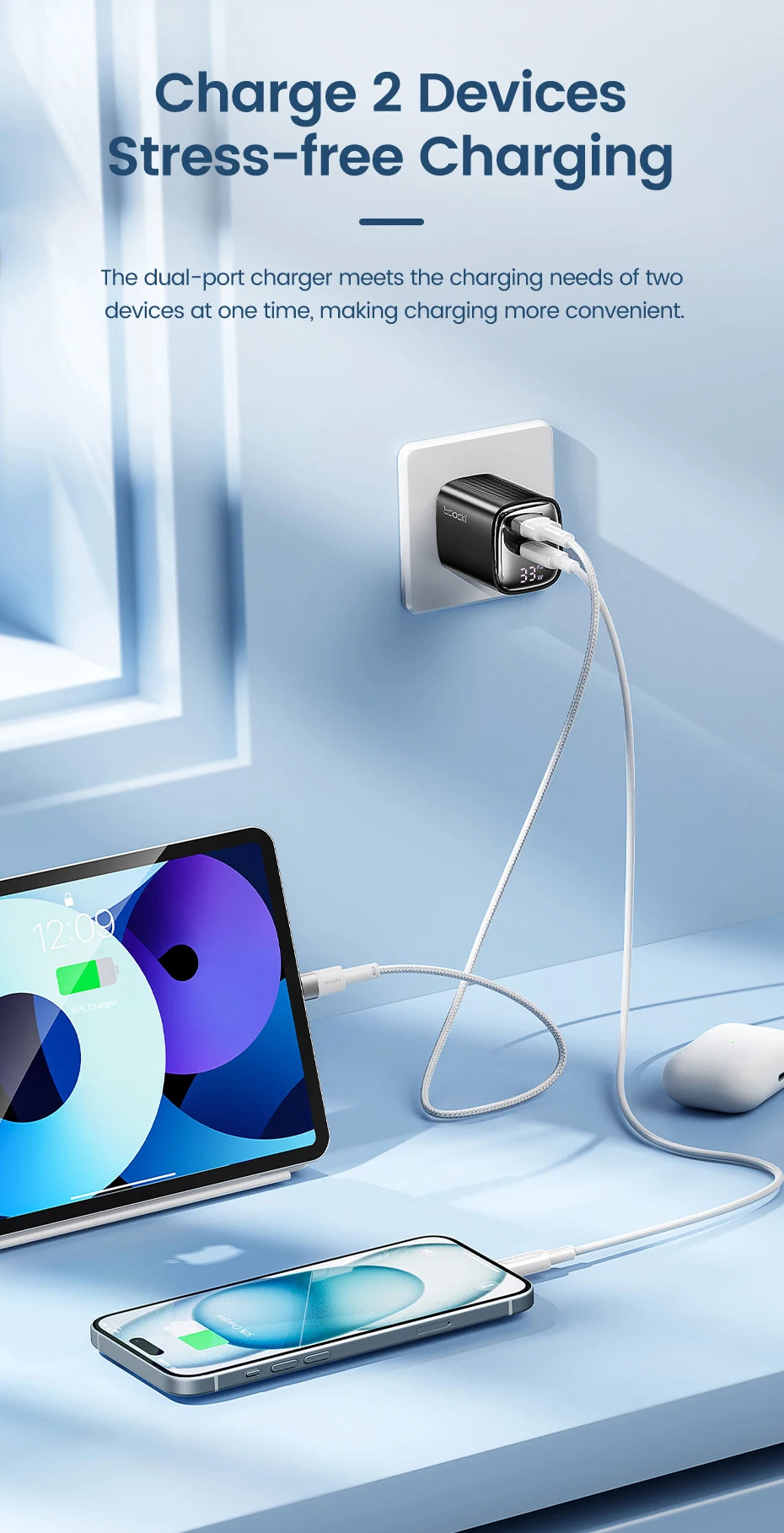 Toocki GaN USB Charger 33W Digital Display QC3.0 PD Fast Charger Type C for iPhone 15 14 13 Pro Max Smausng Xiaomi Honor POCO