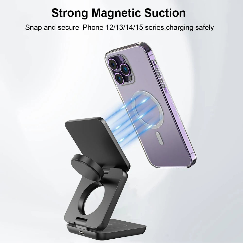 3 in 1 Magnetic Wireless Charger for iPhone Foldable Fast Wireless Charging Station for iPhone 16 15 14 13 12 Charger Stand