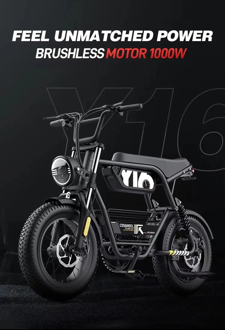 Coswheel Y16 Electric Bike for Adults 1000W Moped Style Ebike 48V 15Ah Removable Battery 28MPH Electric Motorcycle FatTire ebike