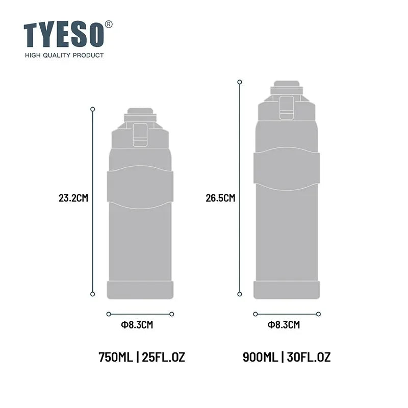 TYESO Vacuum Flasks Insulated Water Bottle 24H Cold 12H Hot Stainless Steel Leakproof Sports Bottle for Gym Travel Drinkware