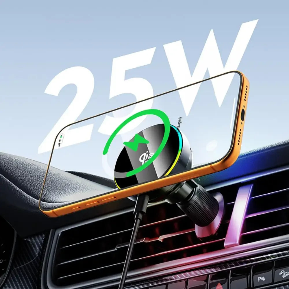 25W Qi2 Magnetic Car Phone Charger Holder with RGB Light Air Vent Mount with Fast Charging & Cooling for iPhone 17 Pro Max