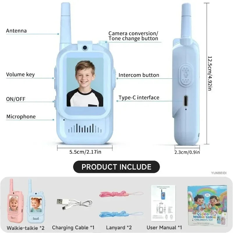 2PC Kids HD-Video Walkie Talkies 3 Styles Intercom USB Charging Indoor Outdoor Boys Girls Age 3+ for Child's Toys Birthday Gifts