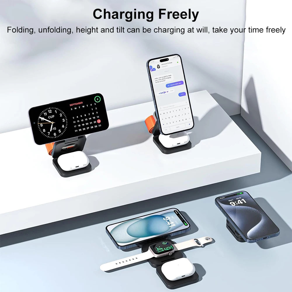 3 in 1 Magnetic Wireless Charger for iPhone Foldable Fast Wireless Charging Station for iPhone 16 15 14 13 12 Charger Stand