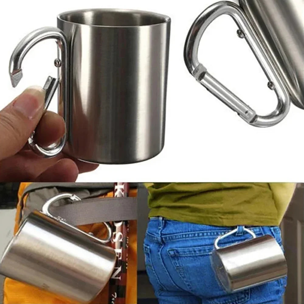 1PCS Portable Stainless Steel Camping Cup with Carabiner Clip, Lightweight Travel Mug for Hiking Backpacking Outdoor (201 Grade)