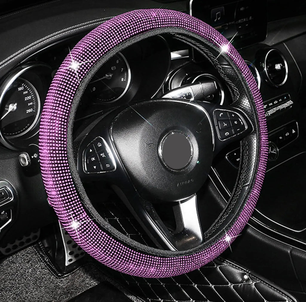 38cm Bling Car Accessories Set For Women Rhinestones Steering Wheel Cover Safety Belt Covers Gear Shift Cover Diamond Cup Pads