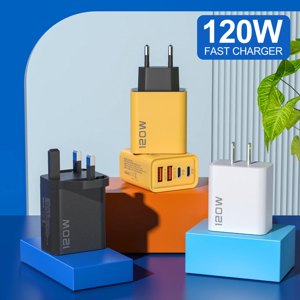 Cargador 4 Puertos 120W USB-C | Carga Rápida QC3.0 - iPhone, Samsung y Xiaomi