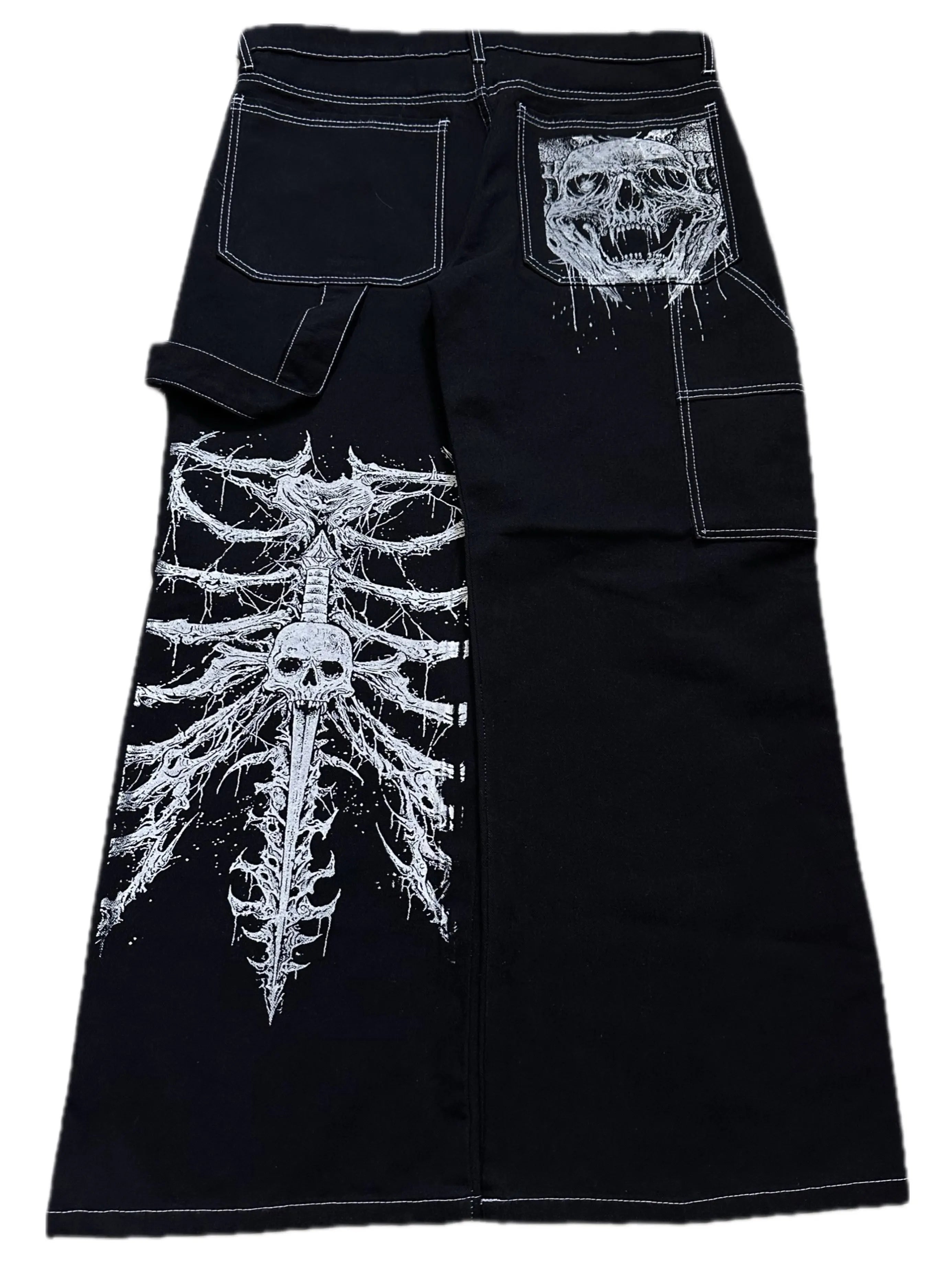 Skull Print Gothic Punk Baggy Oversized Wide Leg Jeans Women Large Pocket High Waisted Work Denim Pants Harajuku Unisex Jeans