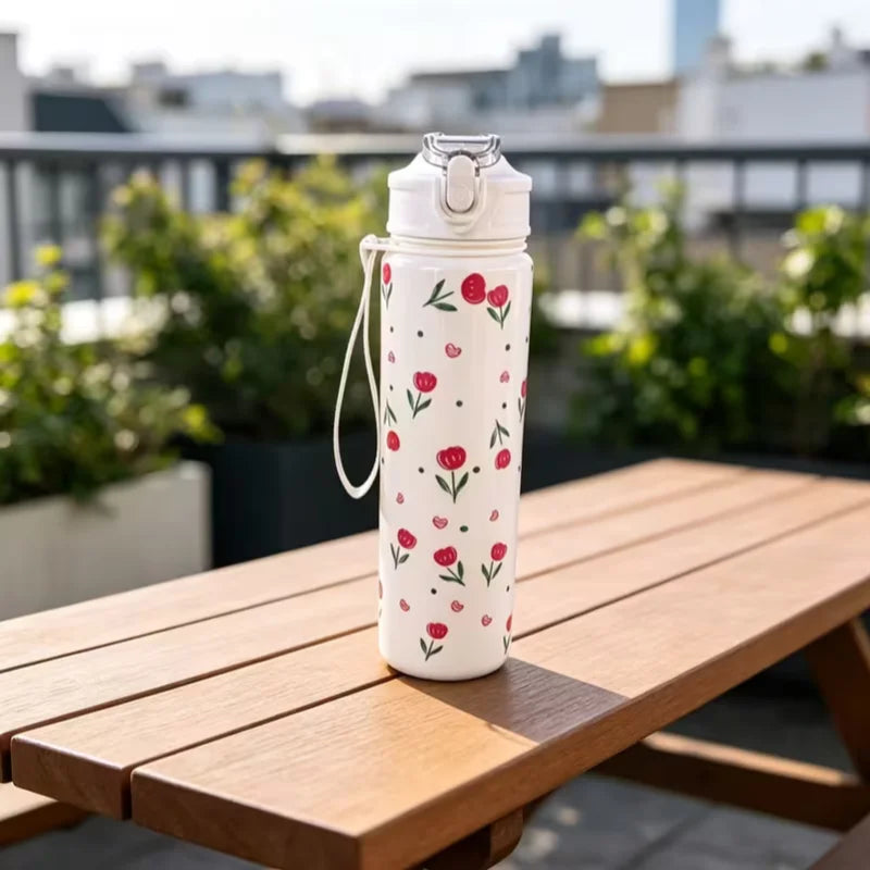750ML Cute Strawberry Cherry Flower Bowknot Printed Tumbler with Pure White Base, High-Value Straw Cup for Sports