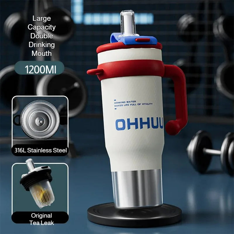 1200ml Vacuum Insulated Travel Mug 316 Stainless Steel Tumbler with Handle Straw Tea Infuser Double Lid Keep Cold Hot for Home