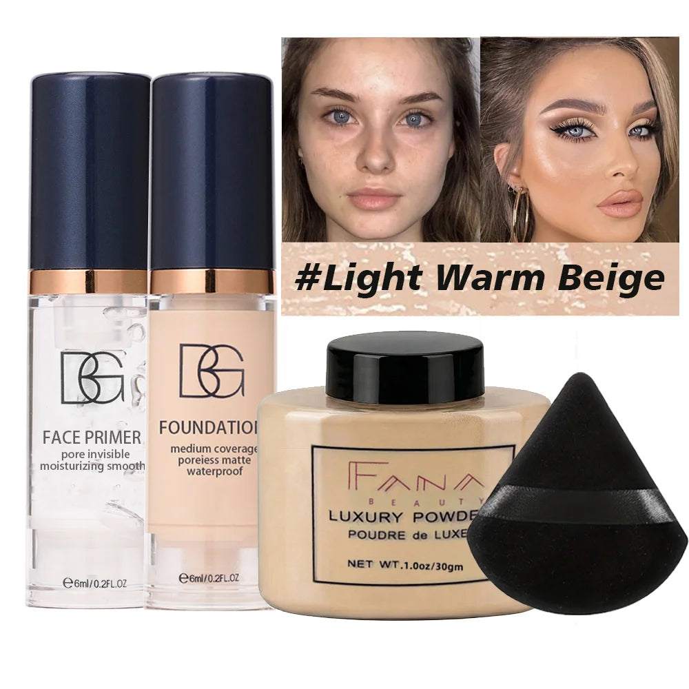 4-Pcs Set Face Makeup Bundle - Smoothing Primer, Matte Foundation, Setting Powder with Puff - Long-Lasting Waterproof Value Pack