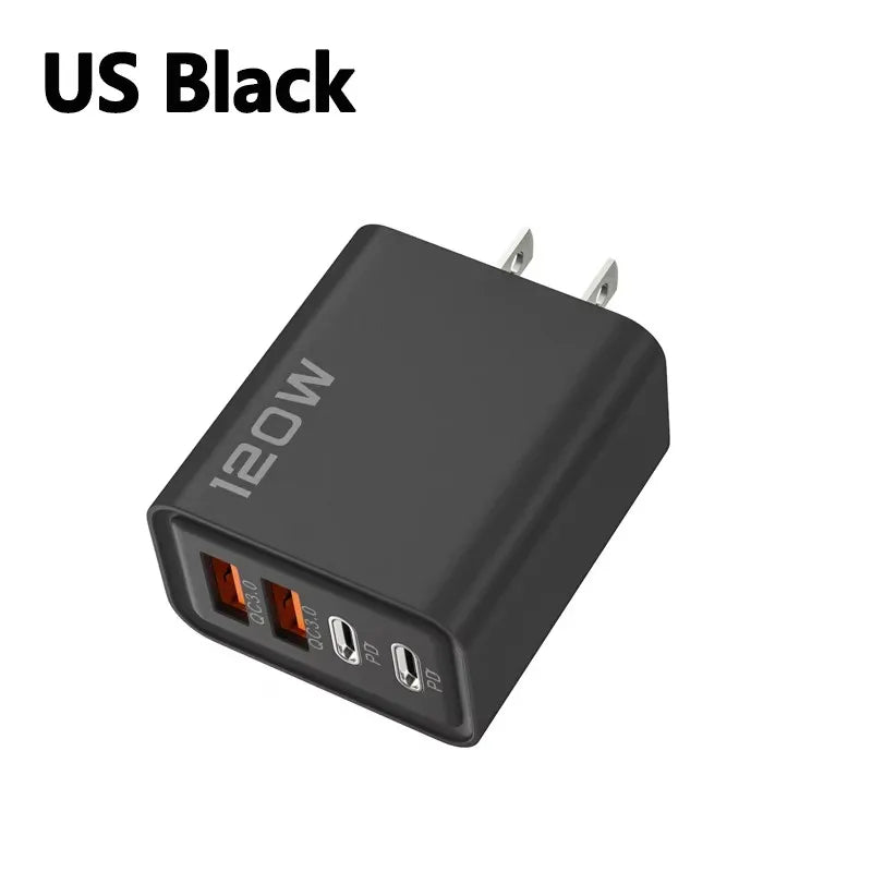 Cargador 4 Puertos 120W USB-C | Carga Rápida QC3.0 - iPhone, Samsung y Xiaomi