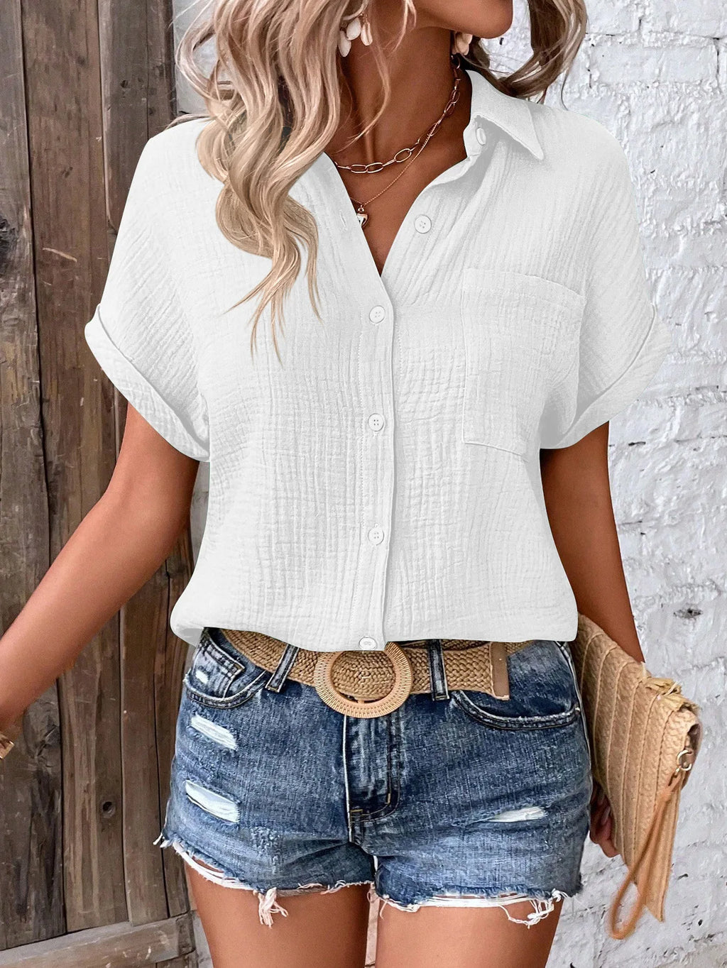 Women Casual Cotton Blouse Vintage Summer Short Sleeve Slim Shirt Elegant Turn Down Collar Solid Tunics Harajuku Streetwear Tops