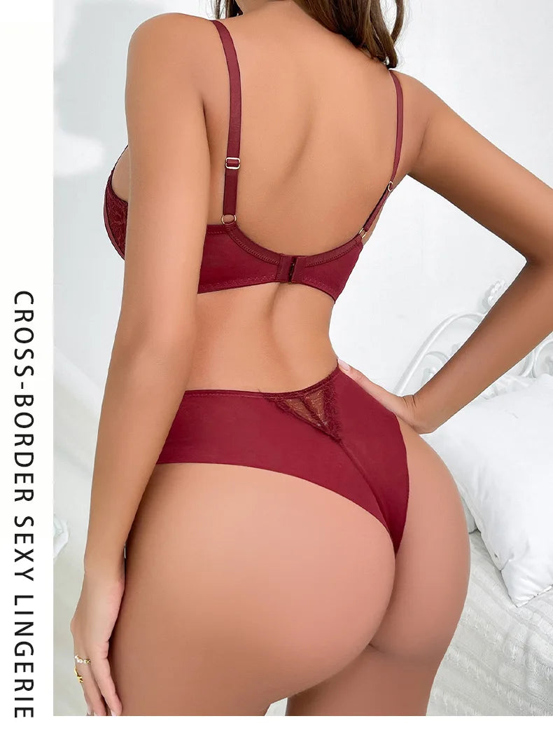 Women's Sexy Lingerie Set Hollow Push-Up Bra with Adjustable Straps Lace Flowers Embroidery Underwear Matching Panties