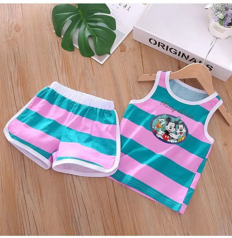 2026 Summer Baby Kids Clothes Sets Cut Striped Cartoon Printed Girls and Boys Vest and Shorts 2 Pieces Sets Children's Outfits