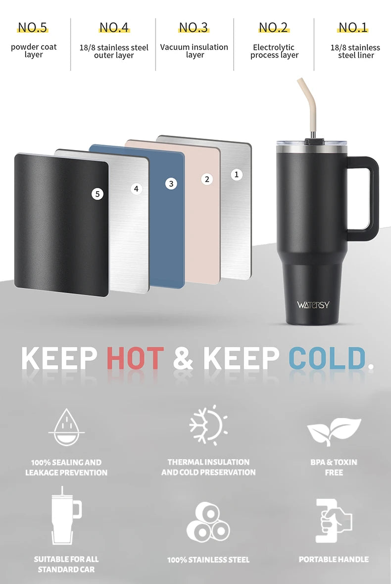 WATERSY 20/30/40oz Tumbler with Handle & Straw, Large Capacity Stainless Steel Thermal Cup, Vacuum Insulated Mug for Car, Travel
