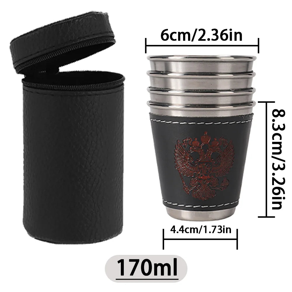 4pcs/set Outdoor Travel Cups Set Camping Tableware Stainless Steel Cup with PU Leather Portable Coffee Wine Beer Whisky Cup