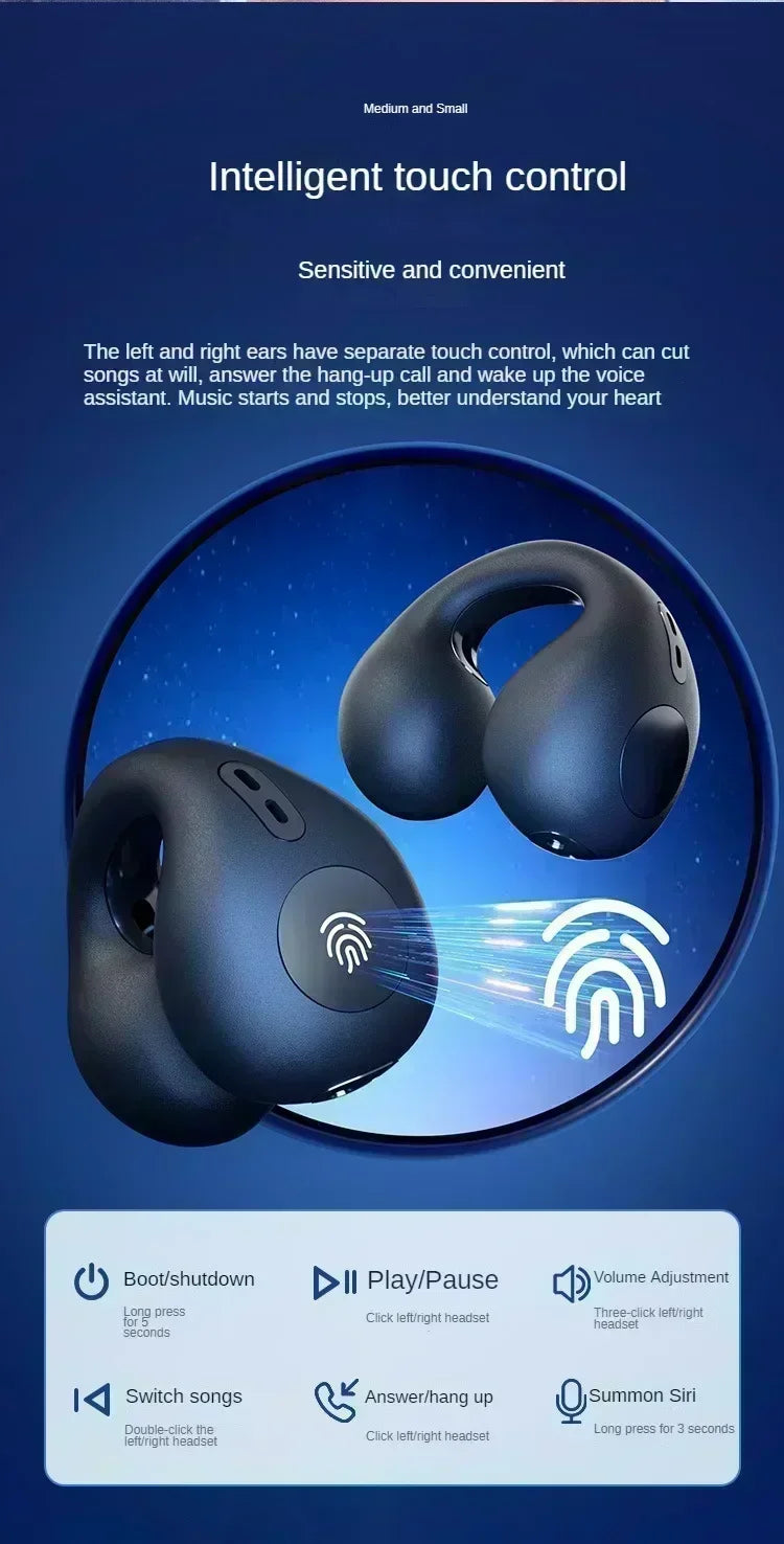 Wireless Ear Clip On Earphone Bluetooth-Compatible 5.3 Noise Canceling HiFi Stereo Headset Clip On Headphone for Running Fitness