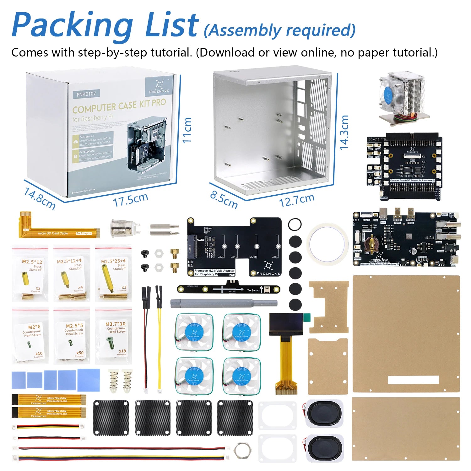 Freenove Raspberry Pi 5 Case Kit Pro, 1/2 M.2 NVMe SSD Slots, 5 PWM ARGB Fans, 0.96" OLED Screen, Stereo Speakers, 3.5 mm Audio