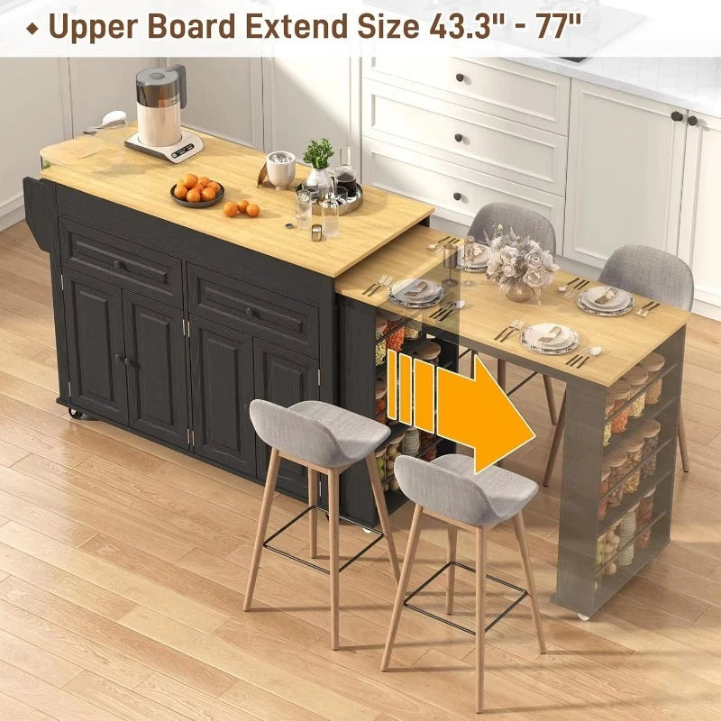 Retractable Sintering Stone Kitchen Island Cart with Power Socket Storage Drawer