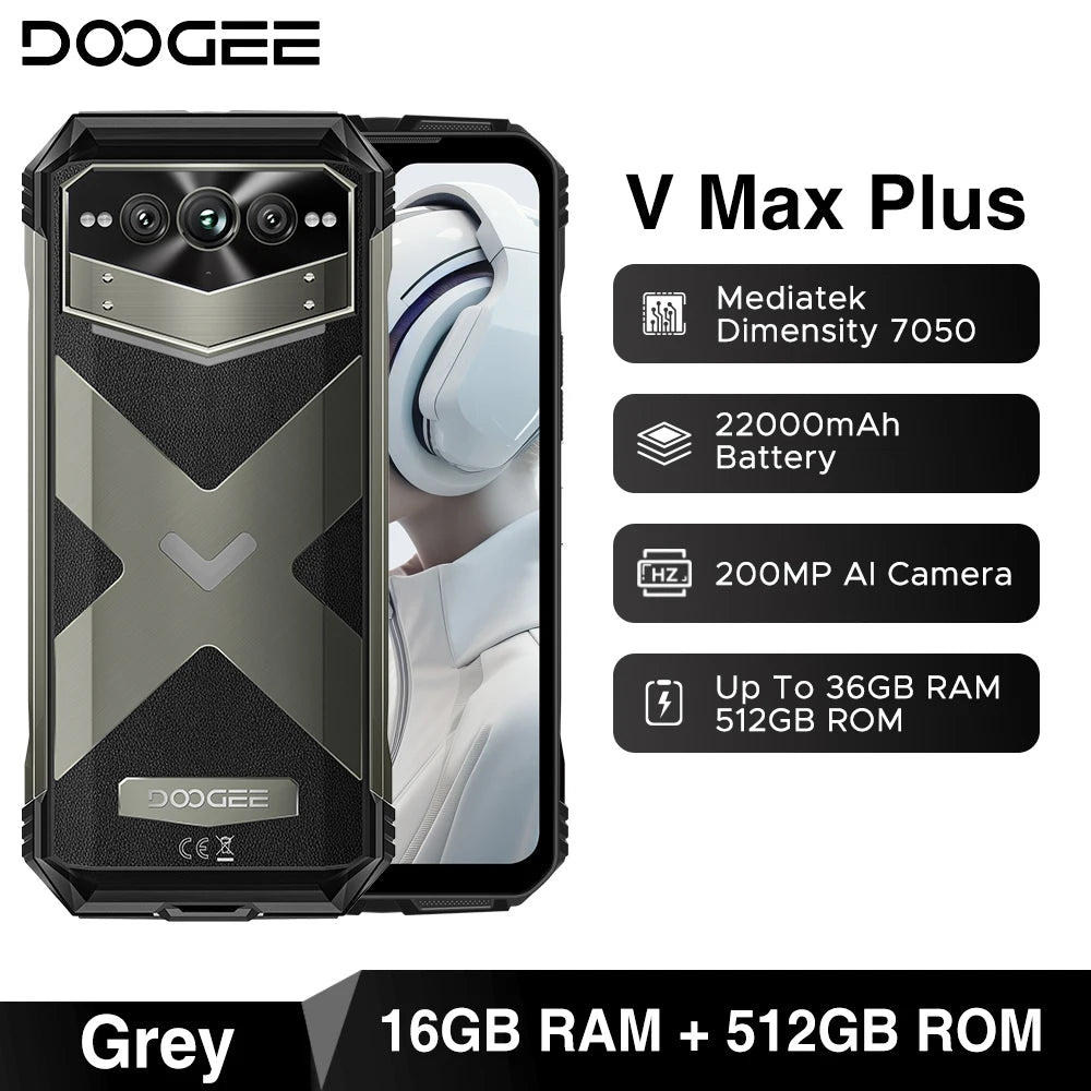 World Premiere DOOGEE V Max Plus Rugged Phone 22000mAh 36GB(16+20) 512GB 200MP Camera Phone 6.58" 120Hz Dimensity 7050 Android14