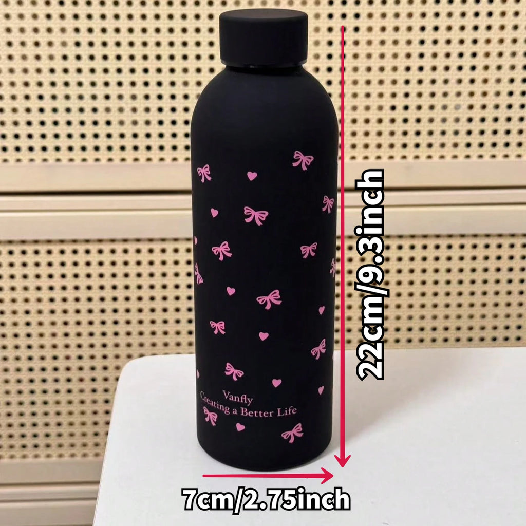 500ml Black Bow Heart-Shaped Stainless Steel Insulated Sports Water Bottle, Fitness Sports Cup, Suitable for Winter and Summer