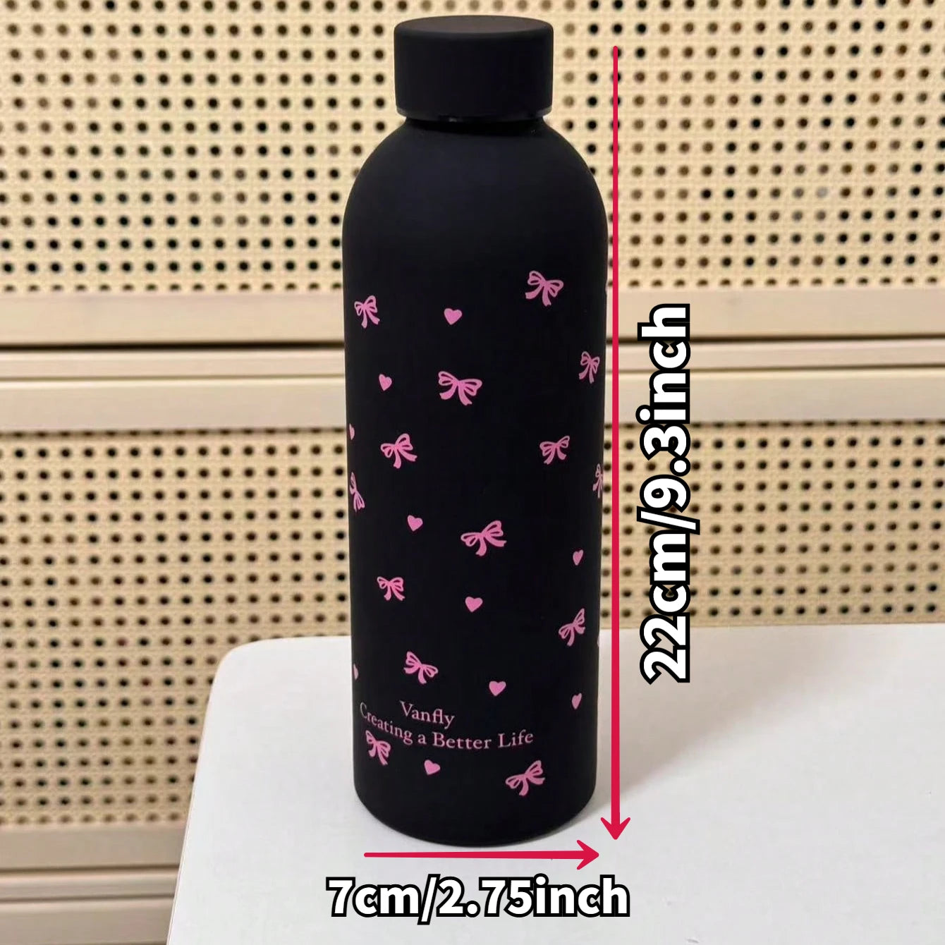 500ml Black Bow Heart-Shaped Stainless Steel Insulated Sports Water Bottle, Fitness Sports Cup, Suitable for Winter and Summer