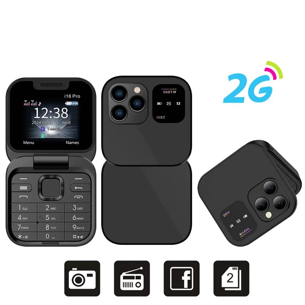 SERVO Mini Flip Mobile Phone 4G/2G Cellular 1.77" Diaplay Speed Dial Flashlight Recorder FM Radio Dual SIM Foldable Cellphones