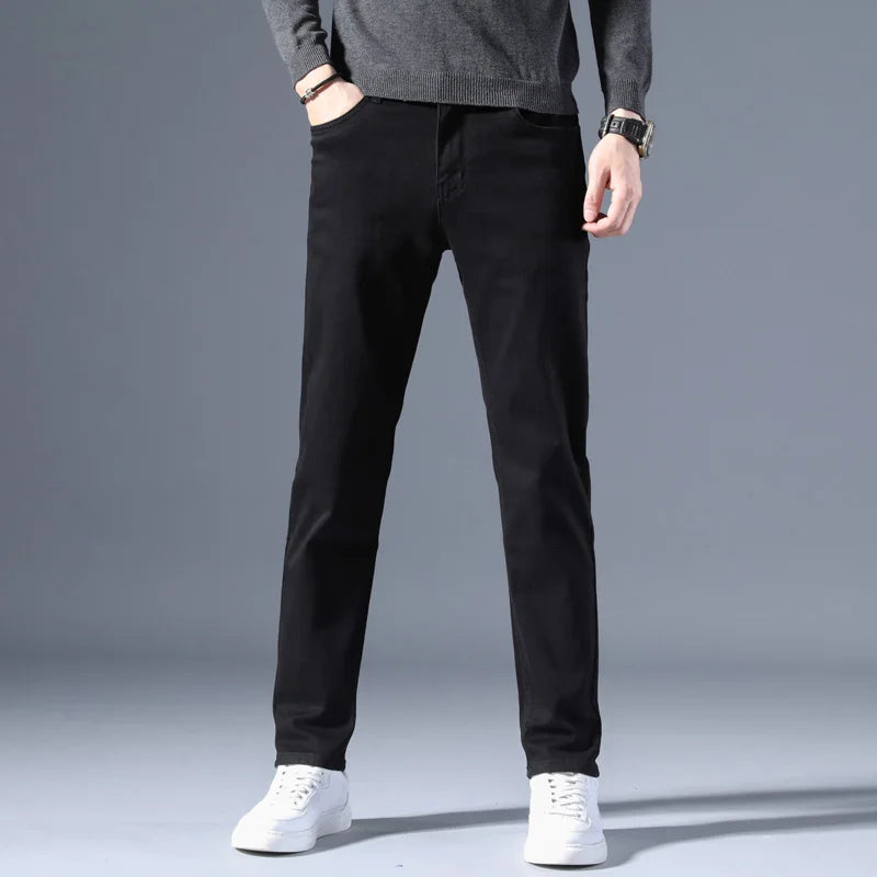 2026 Summer Spring New Men's Pure Black Slim Jeans Elastic Straight Pants BusinessLeisure Korean Vintage Denim Pants Male
