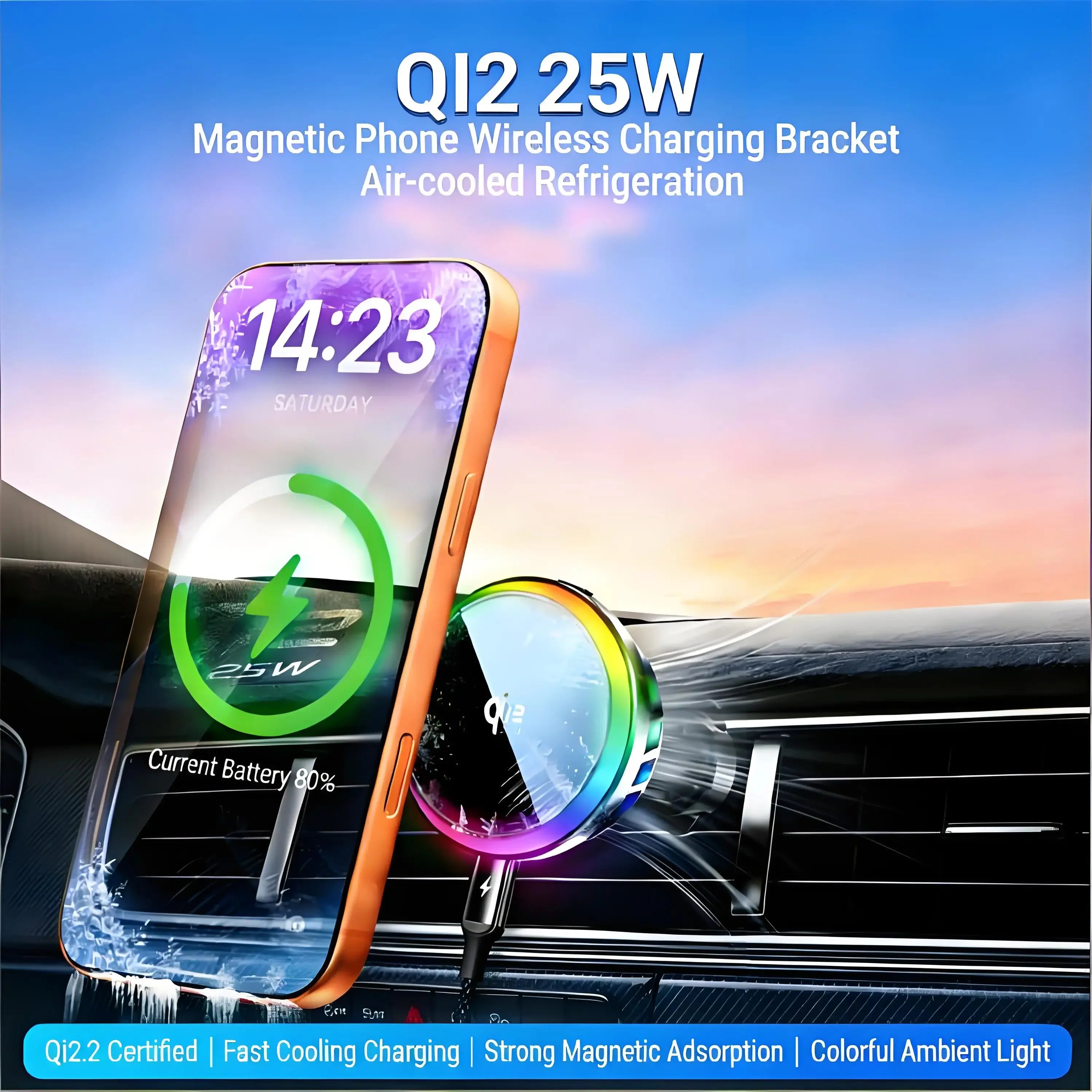 25W Qi2 Magnetic Car Phone Charger Holder with RGB Light Air Vent Mount with Fast Charging & Cooling for iPhone 17 Pro Max