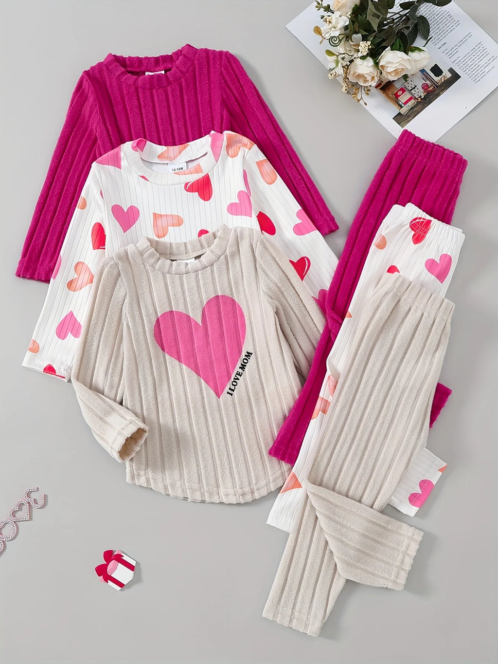 Baby Girl Autumn Winter 3PCS Set Cute Heart Print Ribbed Fabric Sweet Newborn Outfit Outdoor Essential