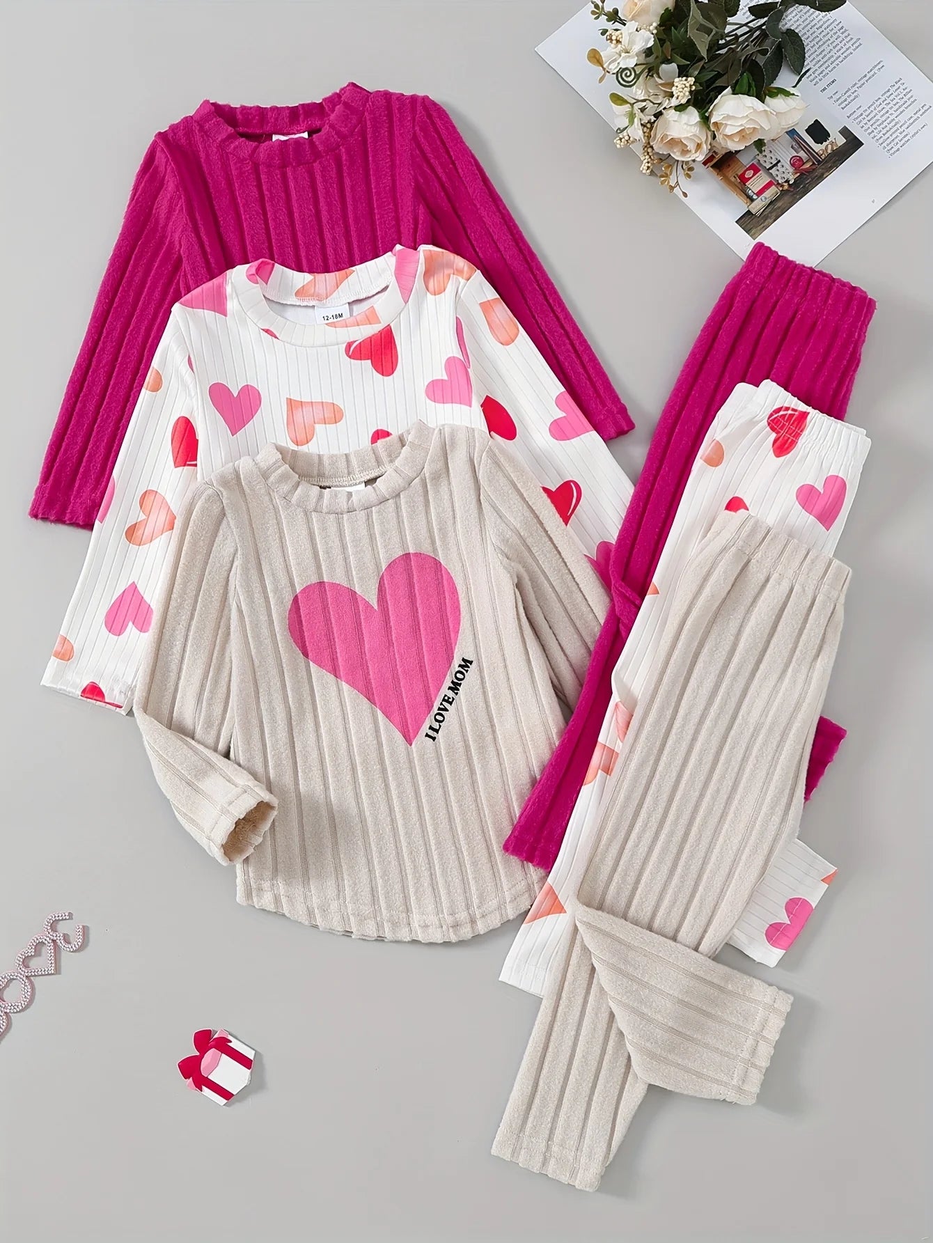 Baby Girl Autumn Winter 3PCS Set Cute Heart Print Ribbed Fabric Sweet Newborn Outfit Outdoor Essential