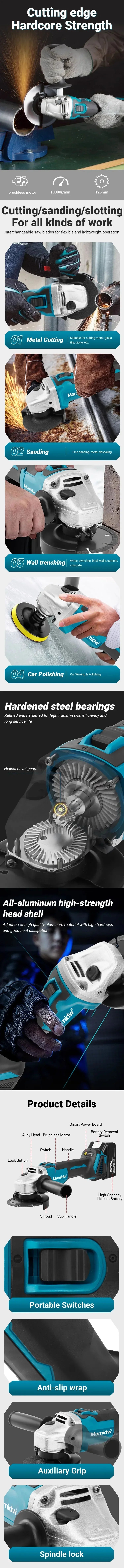 Makita DGA404 18V 6.0Ah 125mm Brushless Lithium Battery Angle Grinder Rechargeable Cutting Machine Multi-functional All-in-one B