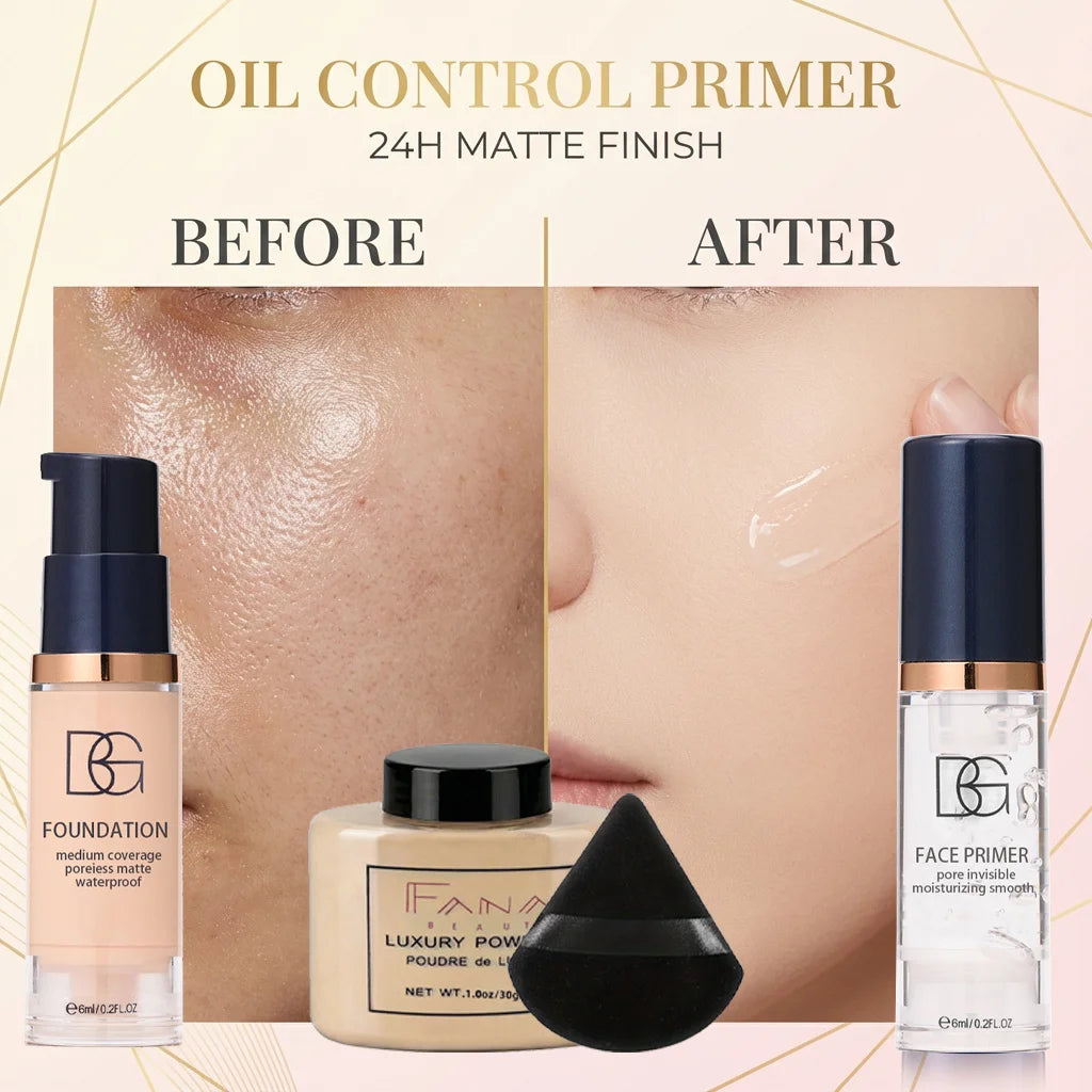 4-Pcs Set Face Makeup Bundle - Smoothing Primer, Matte Foundation, Setting Powder with Puff - Long-Lasting Waterproof Value Pack