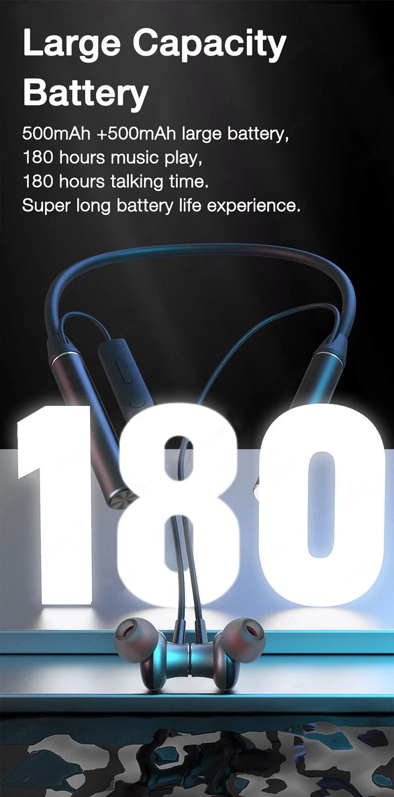 EARDECO 180 Hour Playback Wireless Headphones with Mic Bluetooth Headphone Bass Stereo Neckband Bluetooth Earphone Sport TF Card