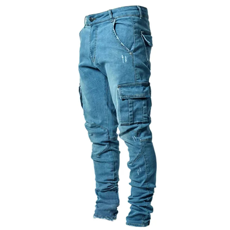 2026Jeans Men Pants Wash Solid Color Multi Pockets Denim Mid Waist Cargo Jeans Plus Size Fahsion Casual Trousers Male Daily Wear